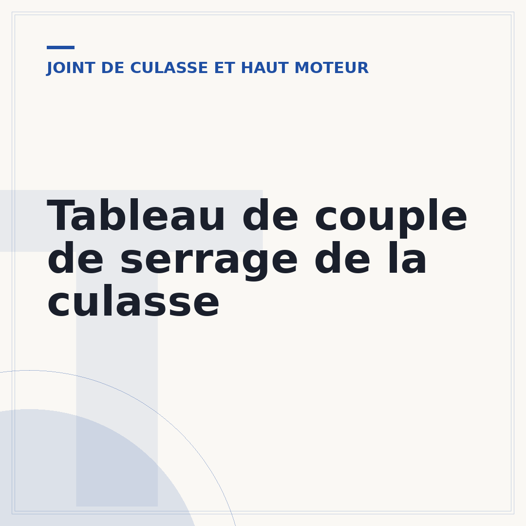Tableau de couple de serrage de la culasse